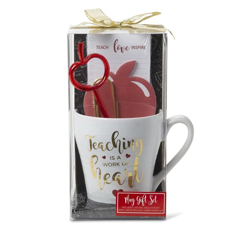 VOTUM Teacher Appreciation Gift for Women or Men  Bundle Includes Mug Writing Pad AppleShaped Pen and Sticky Notes Jumbo Gold Paper Clip  Heart Coffee Cup  Teacher Appreciation Week Thank You