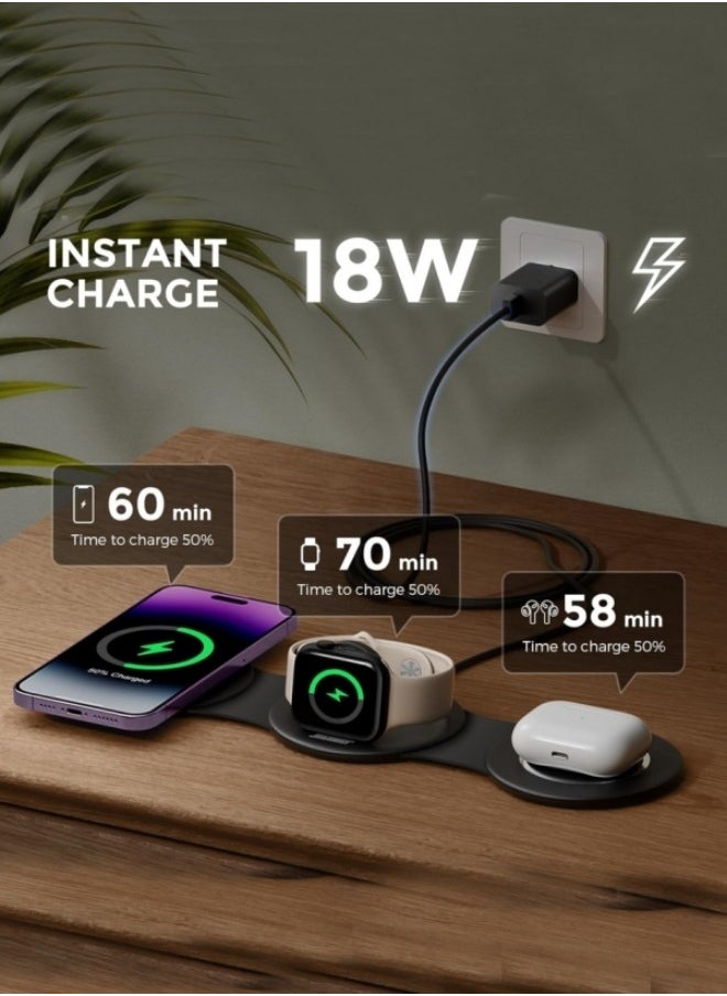 Generic - 3 in 1 Wireless Charger Foldable Pad, 18W Fast Magnetic All in One Travel Charging Station with Magsafe for iPhone 16/15/14/13/12/ Series for iWatch 8 7 6 5 4 3 2 SE for Airpods 3 2 Pro, Black - Image 1