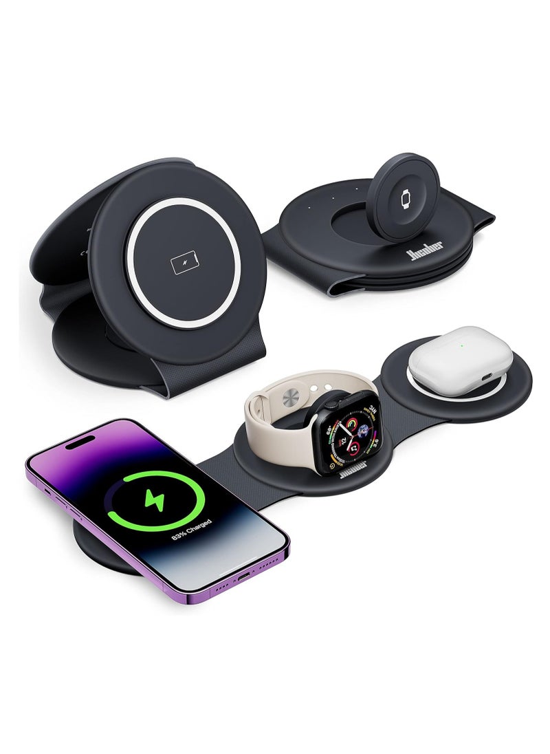 Generic - 3 in 1 Wireless Charger Foldable Pad, 18W Fast Magnetic All in One Travel Charging Station with Magsafe for iPhone 16/15/14/13/12/ Series for iWatch 8 7 6 5 4 3 2 SE for Airpods 3 2 Pro, Black - Image 1