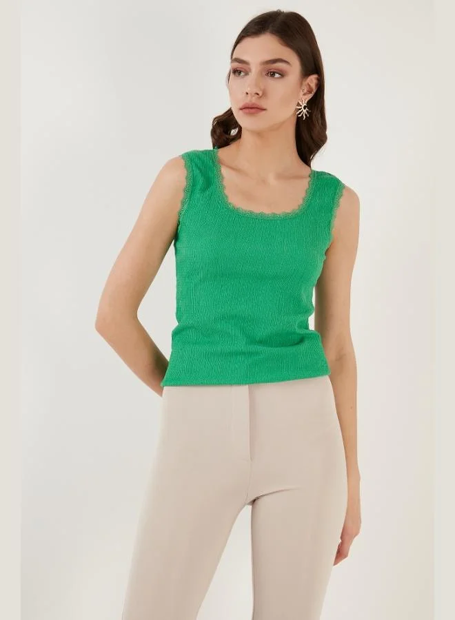 Lela Lela Slim Fit Thick Strap Lace Square Neck Crinkle Tank Top Women's Tank Top 5864979