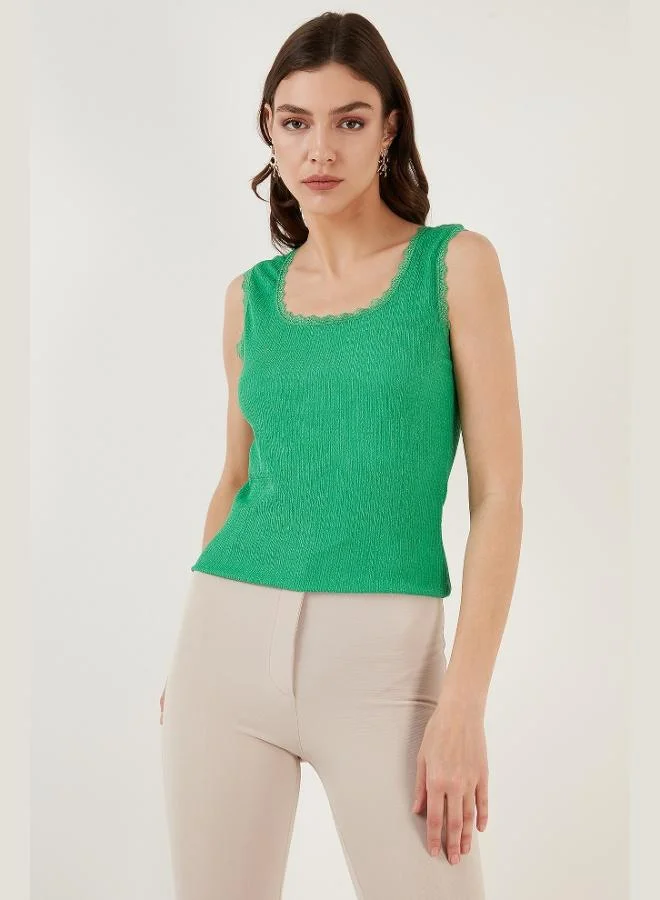 Lela Lela Slim Fit Thick Strap Lace Square Neck Crinkle Tank Top Women's Tank Top 5864979