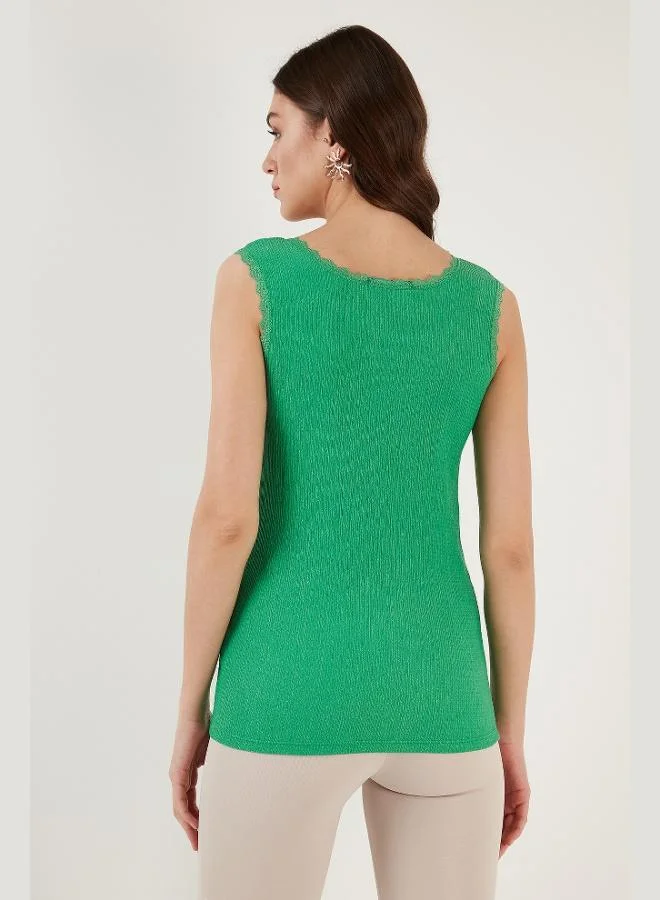 Lela  Lela Slim Fit Thick Strap Lace Square Neck Crinkle Tank Top Women's Tank Top 5864979 for Women | Best Price UAE