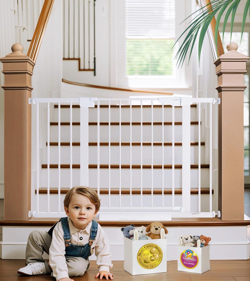Cumbor 29.7-48" Baby Gate for Stairs, Mom's Choice Awards Winner-Dog Gates for Doorways, Auto Close Safety Pet Gate for Dogs Indoor, Easy Install Pressure Mounted Child Gate with Walk Thru Door, White - Image 1