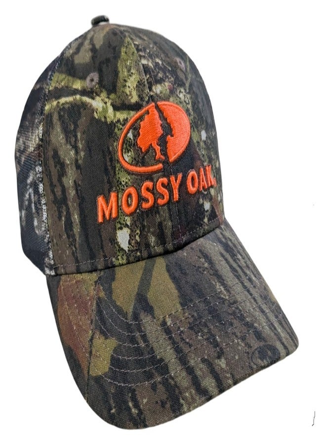 موسي أوك قبعة سائق شاحنة من Mossy Oak BU Blaze Orange Logo Camo MESH مع مشبك خلفي قابل للتعديل، وحزام ماص للعرق، وحافة منحنية مسبقًا (Break Up) - Image 1