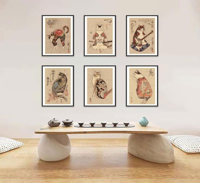 NBYARTQ 6Pcs Japanese Samurai Cat Wall Art Prints of Posters Japan Bushido Decor Kung Fu Paintings Tattoo Funny Fantasy Photo Picture Canvas Poster Painting for Living Room Print Bedroom Home Artwork - Image 2