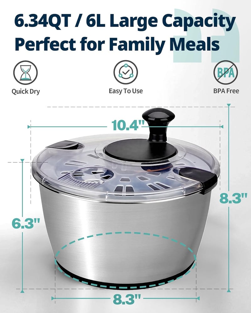 SveBake Salad Spinner 6.34Qt, Stainless Steel Large Lettuce Dryer, BPA-Free Vegetable & Fruit Washer with Drain, Easy Clean Bowl, Non-Slip Base, Transparent Lid - Image 5
