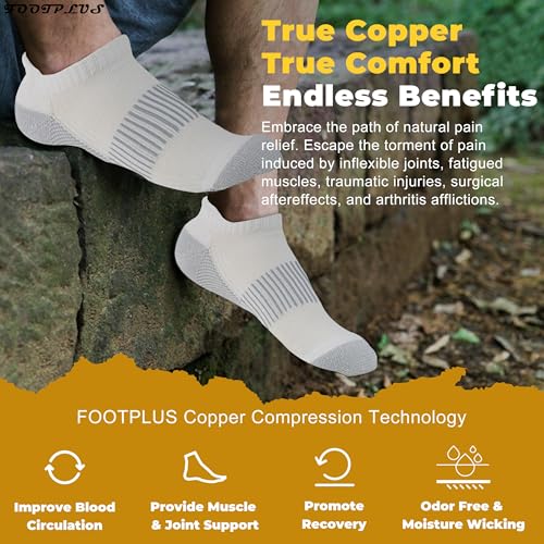 FOOTPLUS Fitness Tennis Running Socks,Men Women Copper Arch Support Compression Ankle Golf Odor Free Gym Travel Hiking Cushioned Sole No Stinky Feet Work Socks,3 Pairs White, Large - Image 2