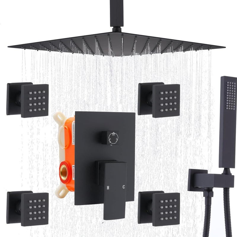 Enga 12 Inch Ceiling Mount Matte Black Shower System with Body Jets Bathroom Luxury Rain Mixer Shower Combo Set Ceiling Rainfall Shower Jets System Faucet Roughin Valve and Trim Included