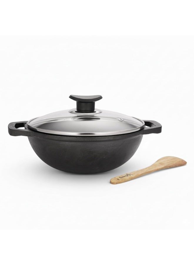 Lifelong Cast Iron Kadhai 24cm with Glass Lid & Wooden Spatula | 3.3L, 2.4kg | Pre-Seasoned, Even Heat Distribution, Toxin & Teflon Free, Non-Stick, & Durable | Gas & Induction Stovetop Compatible - Image 1