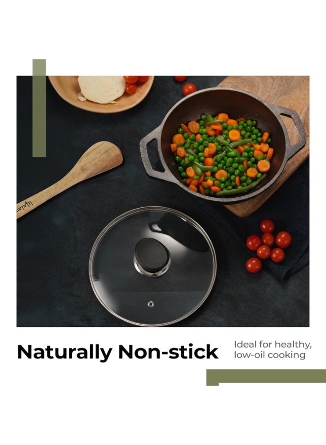 Lifelong Cast Iron Kadhai 24cm with Glass Lid & Wooden Spatula | 3.3L, 2.4kg | Pre-Seasoned, Even Heat Distribution, Toxin & Teflon Free, Non-Stick, & Durable | Gas & Induction Stovetop Compatible - Image 2