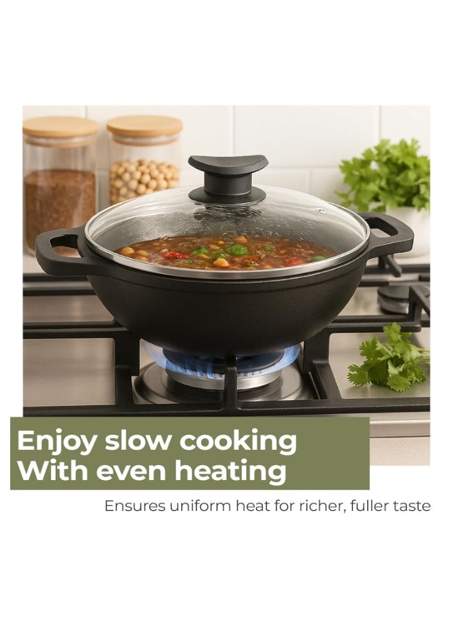 Lifelong Cast Iron Kadhai 24cm with Glass Lid & Wooden Spatula | 3.3L, 2.4kg | Pre-Seasoned, Even Heat Distribution, Toxin & Teflon Free, Non-Stick, & Durable | Gas & Induction Stovetop Compatible - Image 3