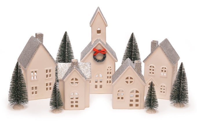 MARK FELDSTEIN ASSOCIATES SILVER ROOFTOPPED VILLAGE WITH TREES WHITE PORCELAIN LED HOLIDAY FIGURINES 16 PIECE SET 11 INCH