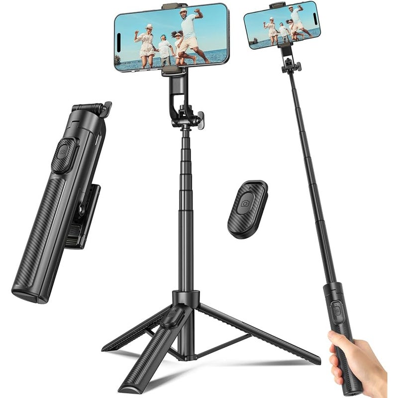 Liphisy Selfie Stick Travel Tripod for Cell Phone with Remote Control and Phone Holder, Extendable Selfie Stick for iPhone, iPhone Tripod for Video Recording, 50 Inch, Black - Image 1