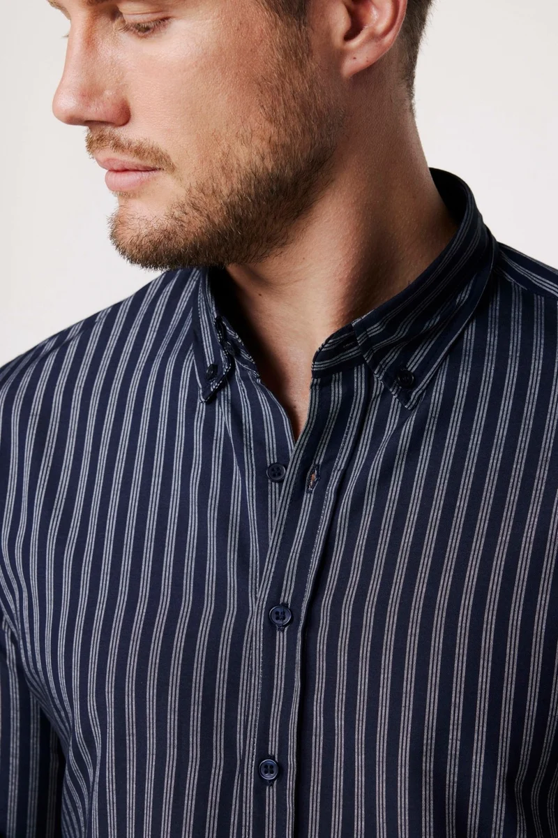 تودورس Slim Fit Cotton Easy-Iron Striped Navy Blue Men's Shirt