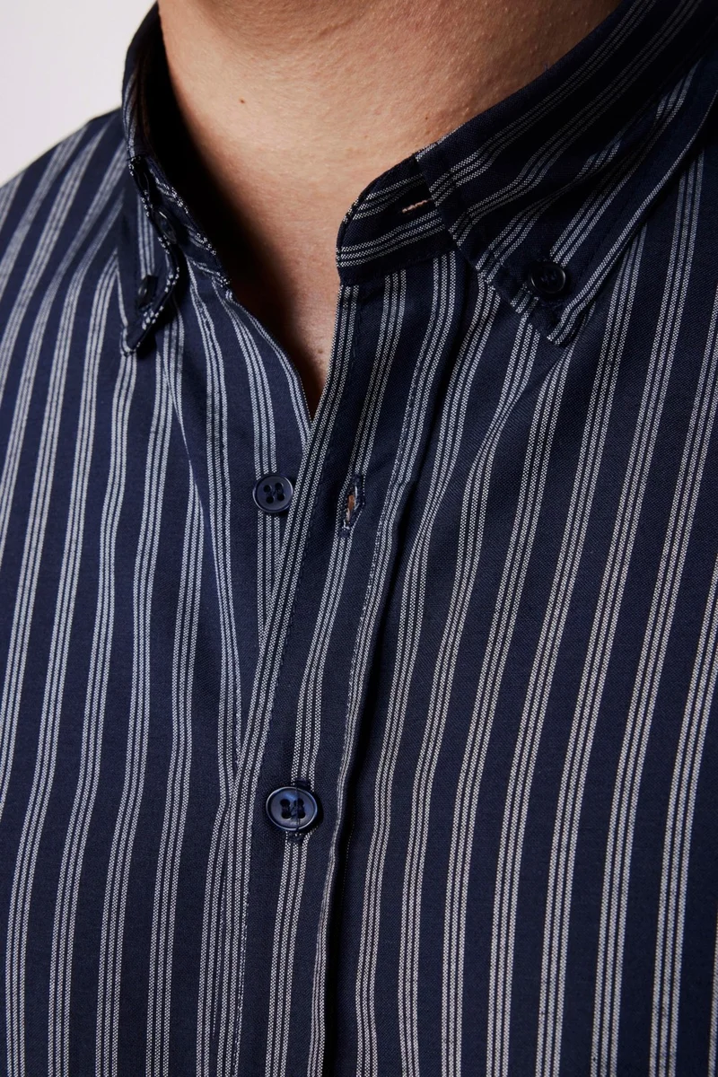 تودورس Slim Fit Cotton Easy-Iron Striped Navy Blue Men's Shirt