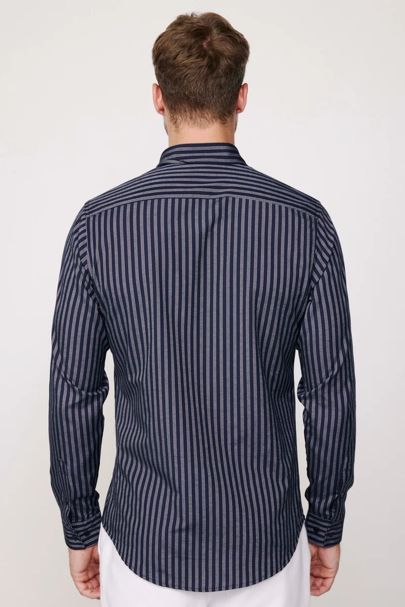 تودورس Slim Fit Cotton Easy-Iron Striped Navy Blue Men's Shirt