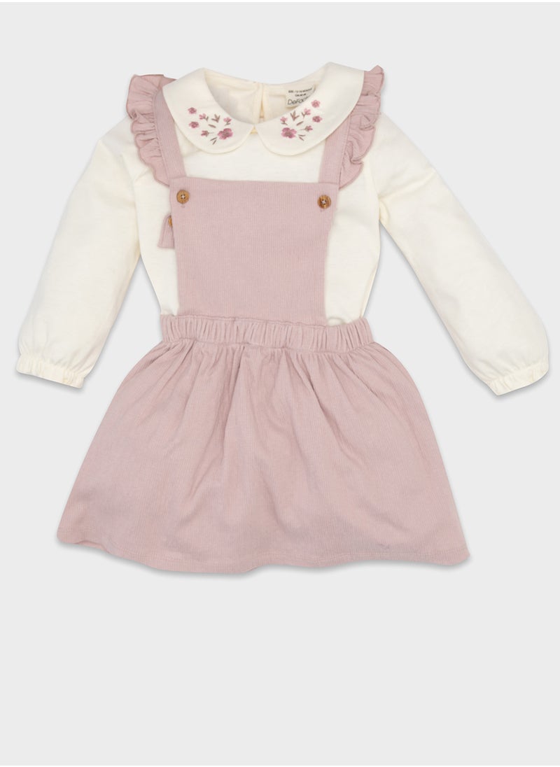 DeFacto Peter Pan Collar Long Sleeve Shirt With Buttoned Pinafore Dress 2-Piece Set  - Image 1