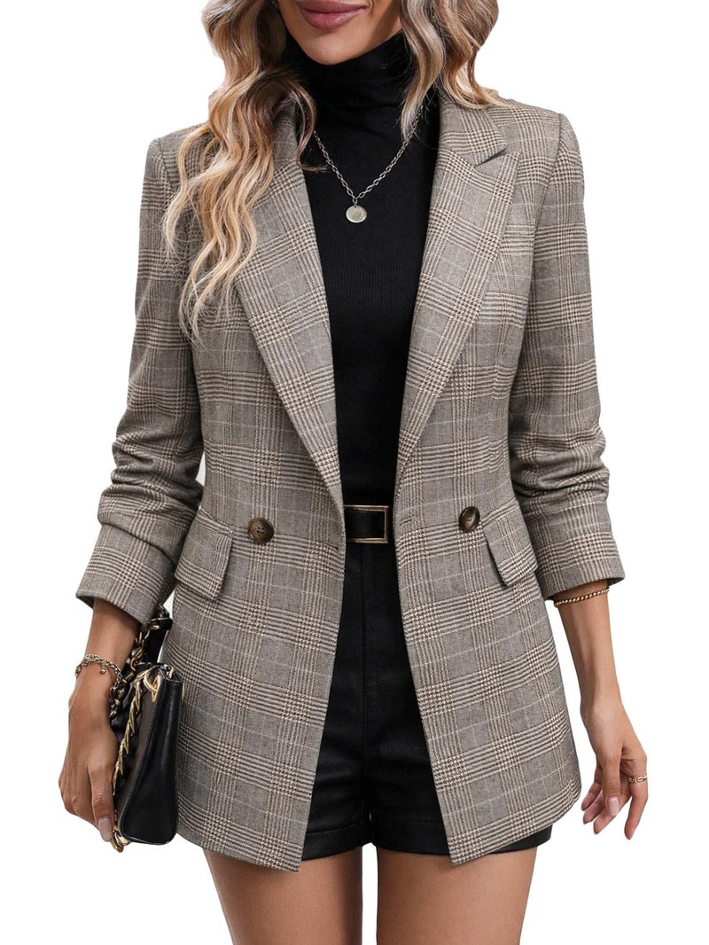 Mina Self Plaid Blazer Jacket for Women Houndstooth 2026 Fall Winter Business Caual Tan Brown Work Office Womens Trendy Boyfriend Professional Fashion Dressy Ladies Women's Blazers & Suit Jackets - Image 1