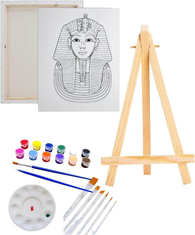 Pre Drawn Canvas Paint Kit | Teen, Kids and Adult Sip and Paint Party Favor | DIY Date Night Couple Activity| Canvas Boards for painting| King Tutt (M 12X16 PAINT. EASLE, 10 PAINT BRUSHES)