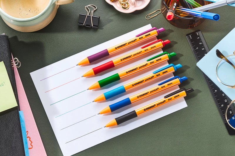 STABILO Ballpoint Pen pointball - Pack of 4 - Blue, Black, Red Green, Made From Recycled Plastic, Retractable, Medium Point - Image 3