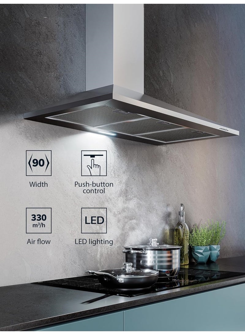 شفاط مدخنة Zeeco Turboair، مقاس 90 سم، بقوة شفط 395 متر مكعب/ساعة، مزود بفلتر كربوني ومصباحي LED - لون فضي - Image 4