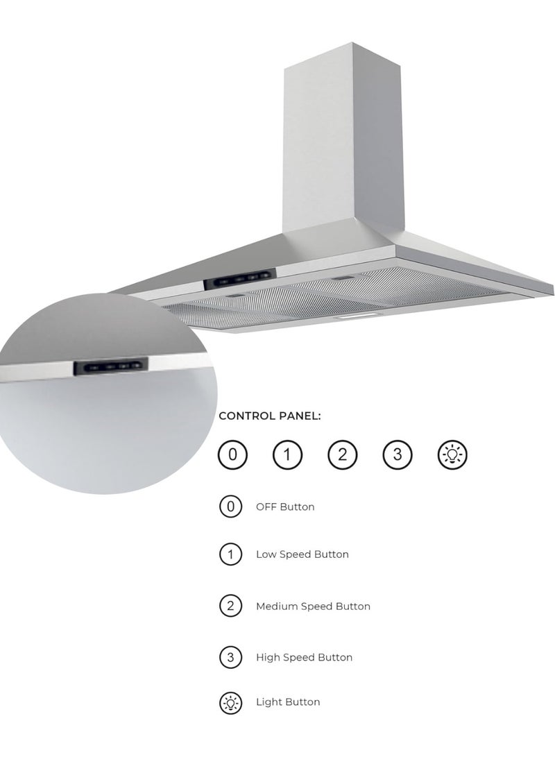شفاط مدخنة Zeeco Turboair، مقاس 90 سم، بقوة شفط 395 متر مكعب/ساعة، مزود بفلتر كربوني ومصباحي LED - لون فضي - Image 5