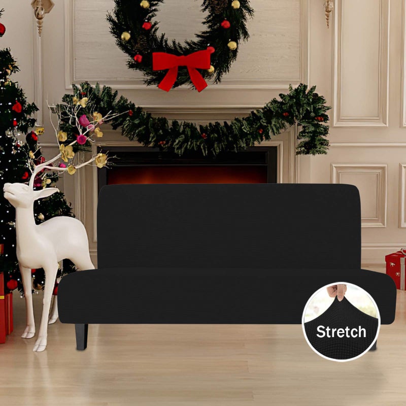 Easy-Going Stretch Futon Slipcover Armless Futon Bed Cover Furniture Protector Without Armrests with Elastic Bottom for Kids, Soft Jacquard Fabric Small Checks (Large, Black) - Image 2