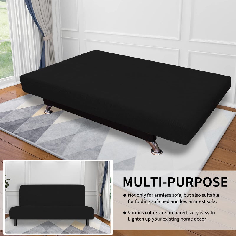 Easy-Going Stretch Futon Slipcover Armless Futon Bed Cover Furniture Protector Without Armrests with Elastic Bottom for Kids, Soft Jacquard Fabric Small Checks (Large, Black) - Image 4