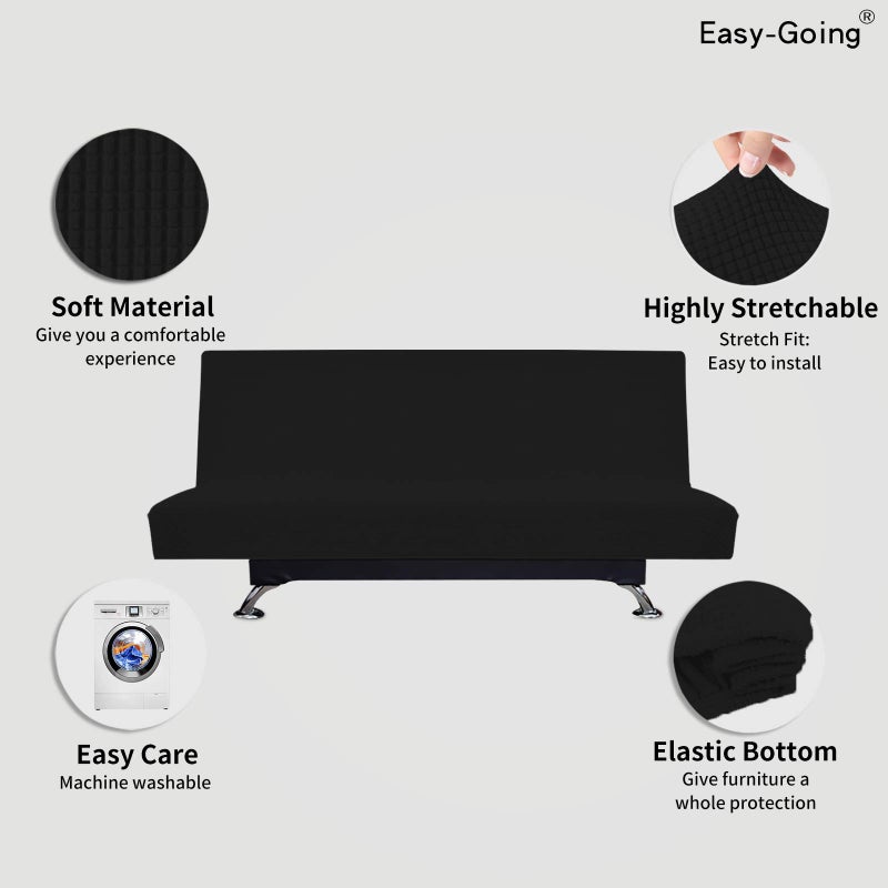 Easy-Going Stretch Futon Slipcover Armless Futon Bed Cover Furniture Protector Without Armrests with Elastic Bottom for Kids, Soft Jacquard Fabric Small Checks (Large, Black) - Image 3