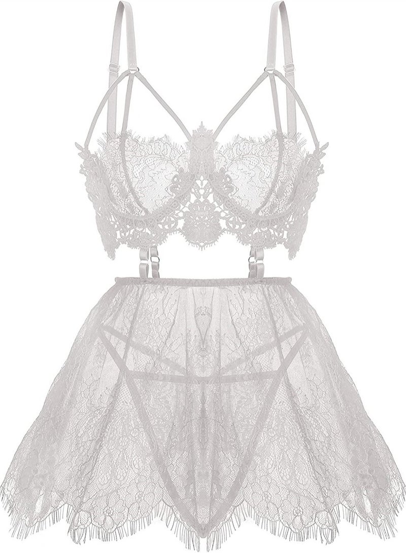 SYOSI Lingerie for Women Lace Babydoll Chemise Sexy Mesh High Waisted Nightdress Strappy Sleepwear Set for Wedding Night Sleepwear Nightwear, Exotic Sleepwear (White, M) - Image 1