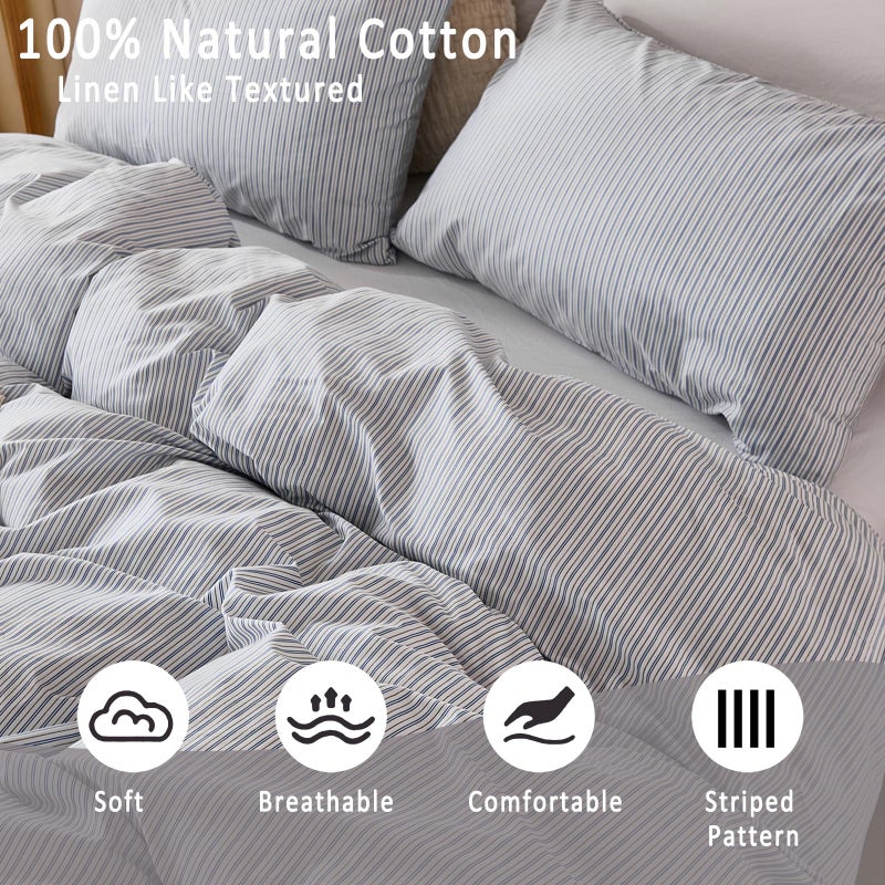 Merryword Striped Duvet Cover Set Queen Size - 100% Cotton Duvet Cover Set with Zipper Closure & 8 Corner Ties, Blue Pinstripe Bedding Set 3 Pieces, Soft Linen Like Bedding Set for All Seasons - Image 3