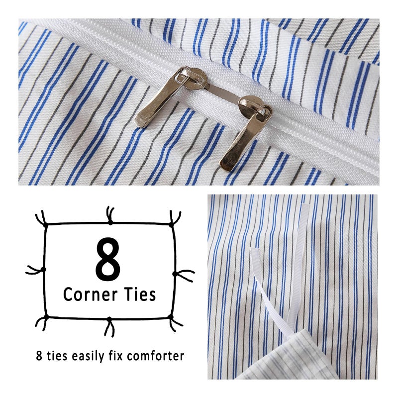 Merryword Striped Duvet Cover Set Queen Size - 100% Cotton Duvet Cover Set with Zipper Closure & 8 Corner Ties, Blue Pinstripe Bedding Set 3 Pieces, Soft Linen Like Bedding Set for All Seasons - Image 4