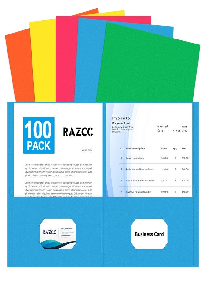 RAZCC Two Pocket Folders, RAZCC 100 Pack File Folders with Pockets Fit Letter Size Paper, Thick Paper File Folder for School Office Business Home, Assorted 5 Colors - Image 1