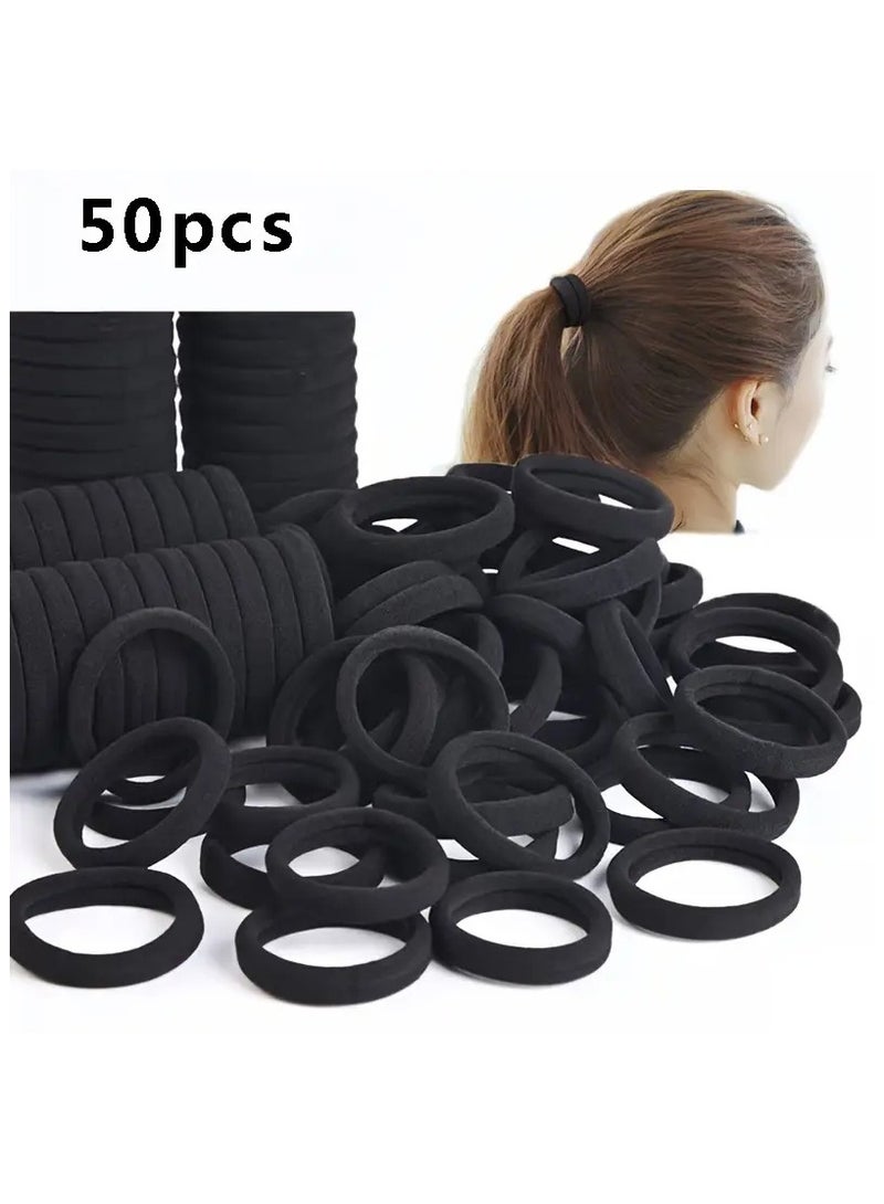 50PCS Hair Ties Black Large Stretch No Damage Ponytail Cotton Seamless Hair Ties Elastic for Women Thick Heavy Curly Hair - Image 1