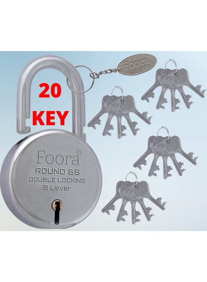Foora Aligarh Lock for Door, Gate, Shutter with 20 Keys - Round 65mm Padlock, Double Locking Mechanism, 8 Lever, Silver Finish - Image 1