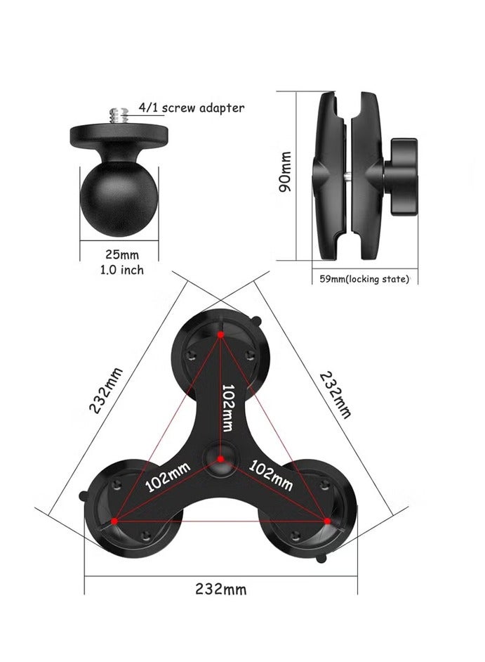 Triple Suction Cup Mount Car Windshield Suction Cup Mount for Insta360 ONE X3, X2, X, R, RS, GO 2, GoPro and DJI OSMO Action 2 3 Cameras - Image 2