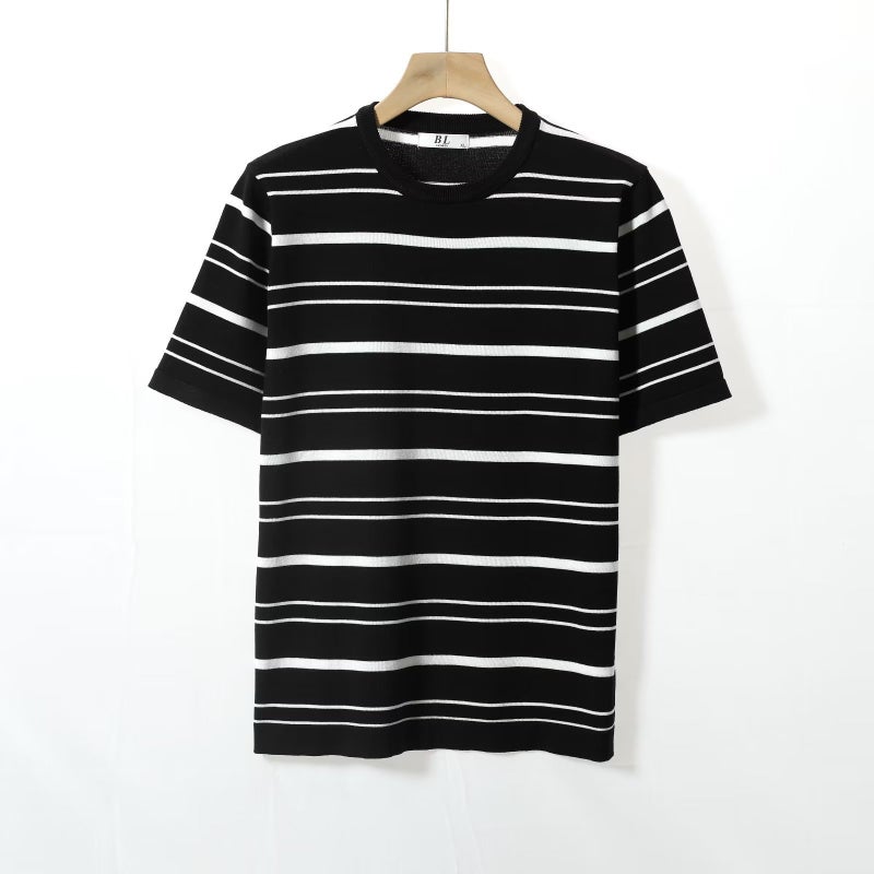 Ice silk ins trend striped sweater men's short sleeve T-shirt light cooked wind summer new original plus size a generation of hair - Image 3