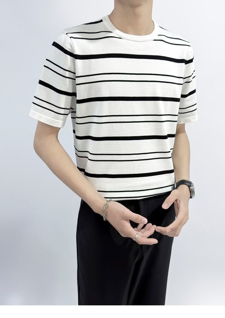 Ice silk ins trend striped sweater men's short sleeve T-shirt light cooked wind summer new original plus size a generation of hair - Image 1