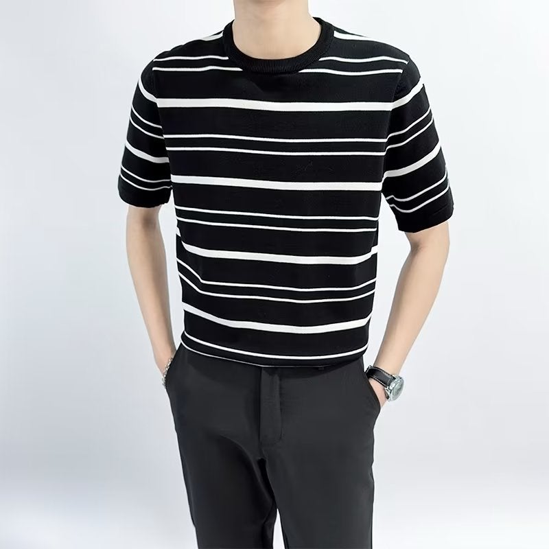 Ice silk ins trend striped sweater men's short sleeve T-shirt light cooked wind summer new original plus size a generation of hair - Image 2
