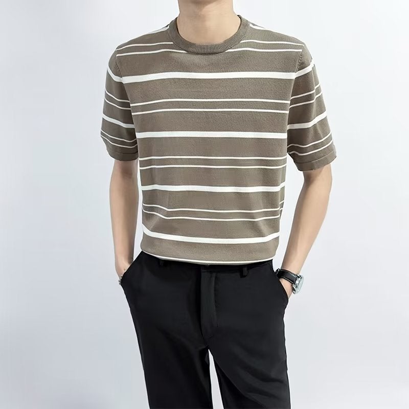 Ice silk ins trend striped sweater men's short sleeve T-shirt light cooked wind summer new original plus size a generation of hair - Image 5