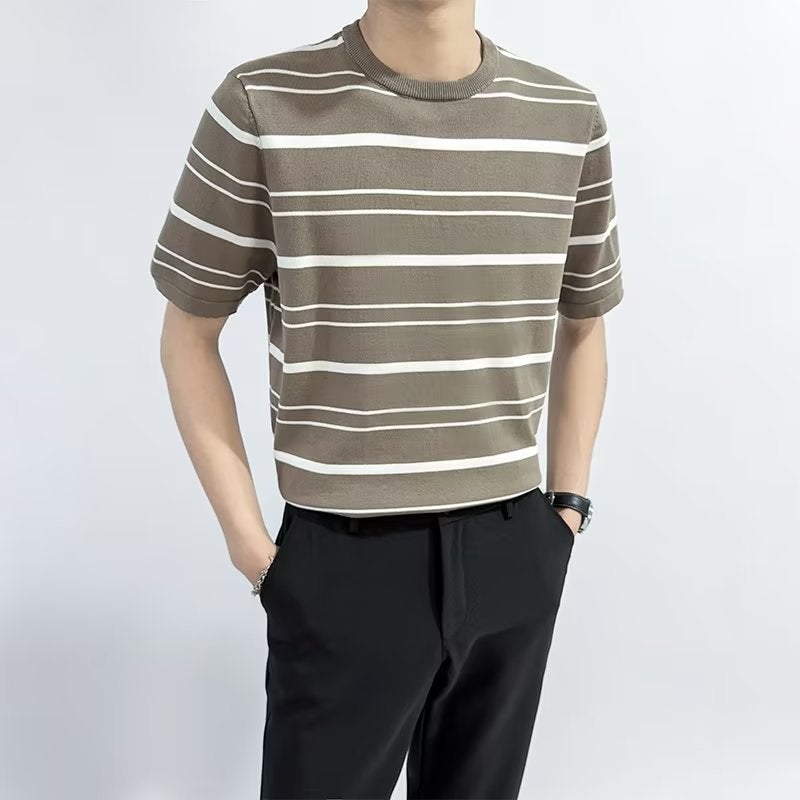 Ice silk ins trend striped sweater men's short sleeve T-shirt light cooked wind summer new original plus size a generation of hair - Image 4