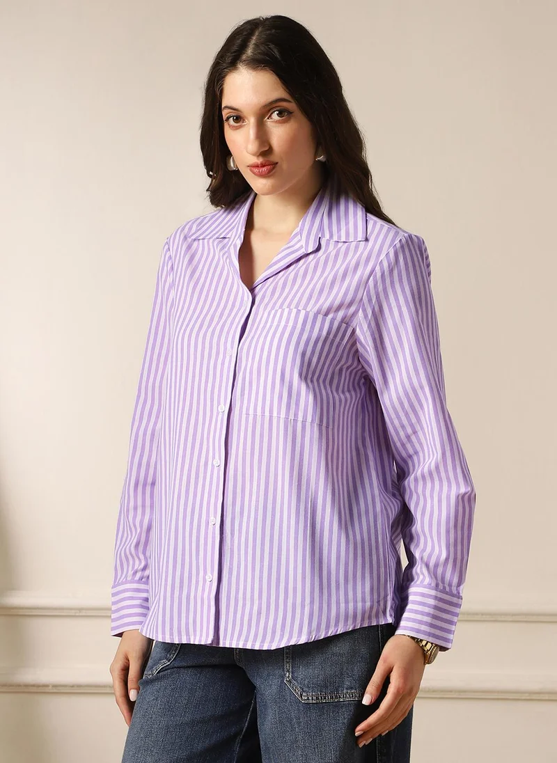 globus Globus Women Lavender Striped Collared Neck Cuffed Sleeves Front Pocket Curved Hem Workwear Shirt