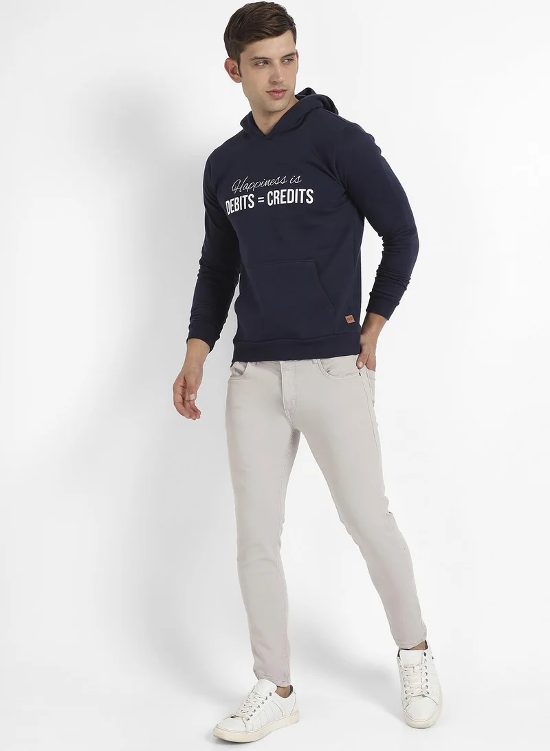Campus Sutra Men's Navy Blue Happiness Is Hoodie With Kangaroo Pocket