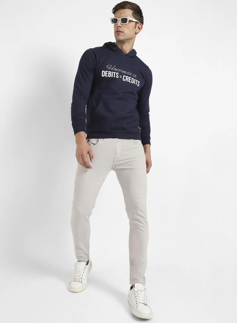 Campus Sutra Men's Navy Blue Happiness Is Hoodie With Kangaroo Pocket