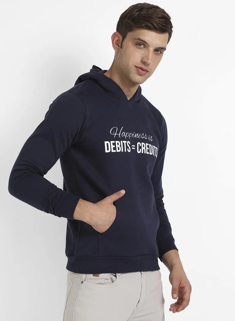 Campus Sutra Men's Navy Blue Happiness Is Hoodie With Kangaroo Pocket