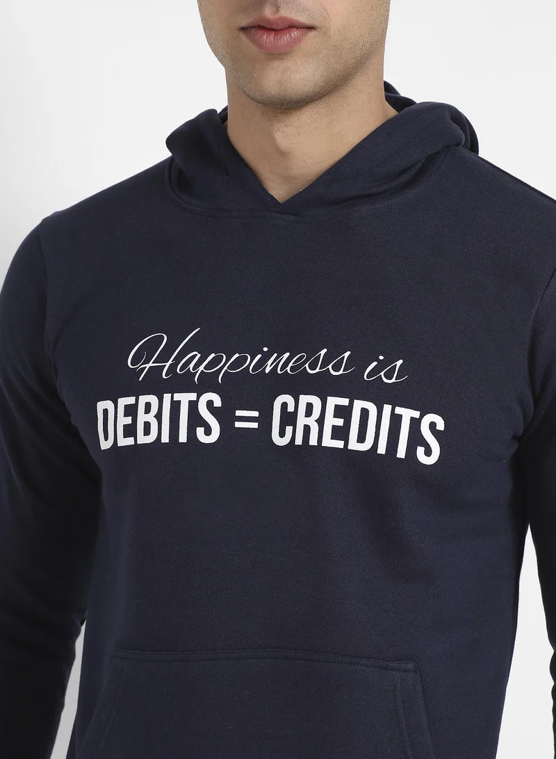Campus Sutra Men's Navy Blue Happiness Is Hoodie With Kangaroo Pocket