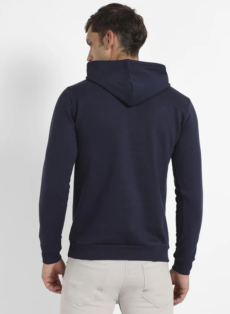 Campus Sutra Men's Navy Blue Happiness Is Hoodie With Kangaroo Pocket