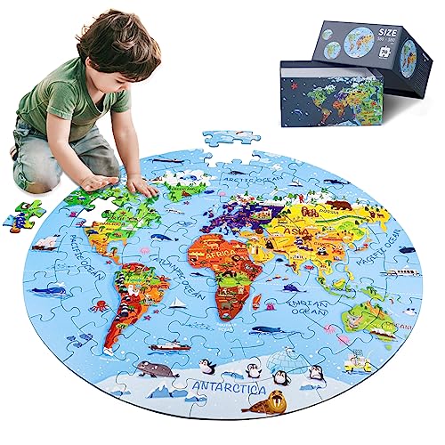 DIGOBAY World Map Jigsaw Puzzle for Kids 48 70 Piece Large Round Floor Puzzles for Kids Ages Toddler Puzzle Globe Geography Games Educational Toys Birthday for Children - Image 1
