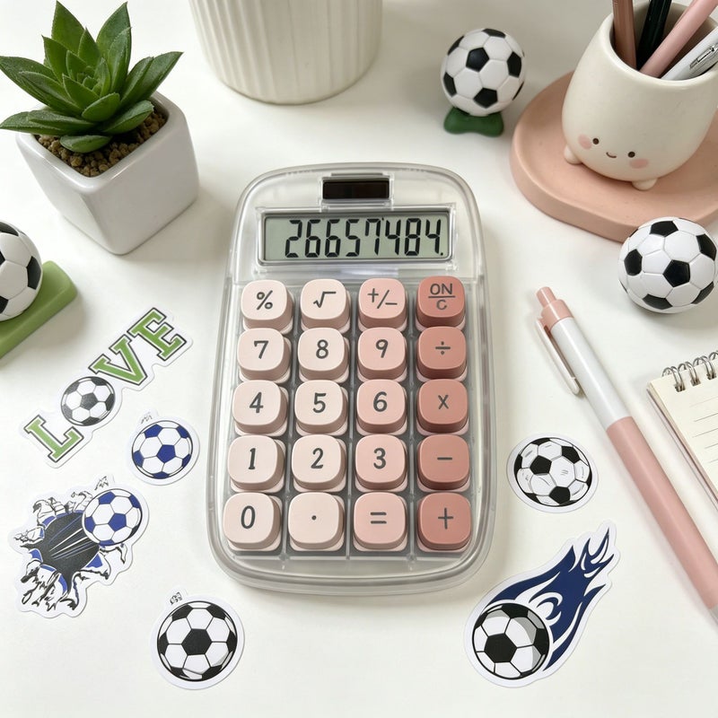 DIY Transparent Case 8 Digit Solar Powered Calculator With Purple Dual Color Buttons And One Random Soccer Sticker For Students And Office Use - Image 1