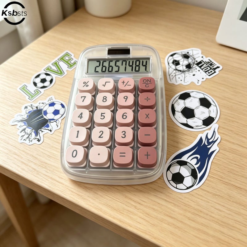 DIY Transparent Case 8 Digit Solar Powered Calculator With Purple Dual Color Buttons And One Random Soccer Sticker For Students And Office Use - Image 3